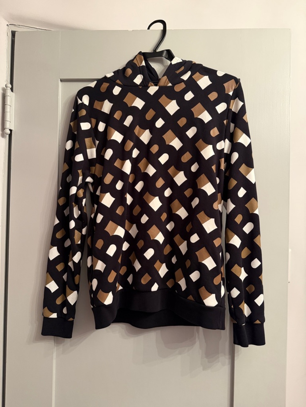 Boss Black Hoodie with Brown and White Geometric Print